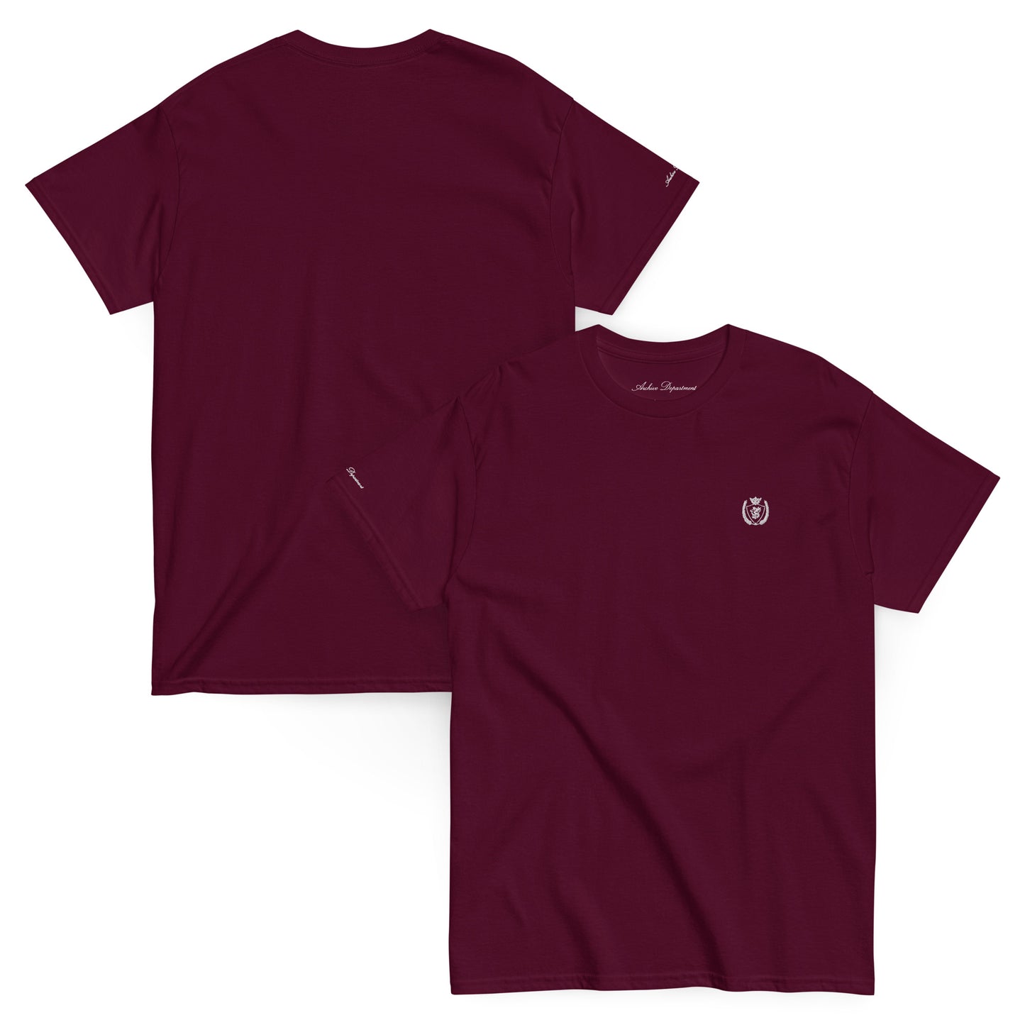 Archive Basic Tee maroon front and back — Archive Department