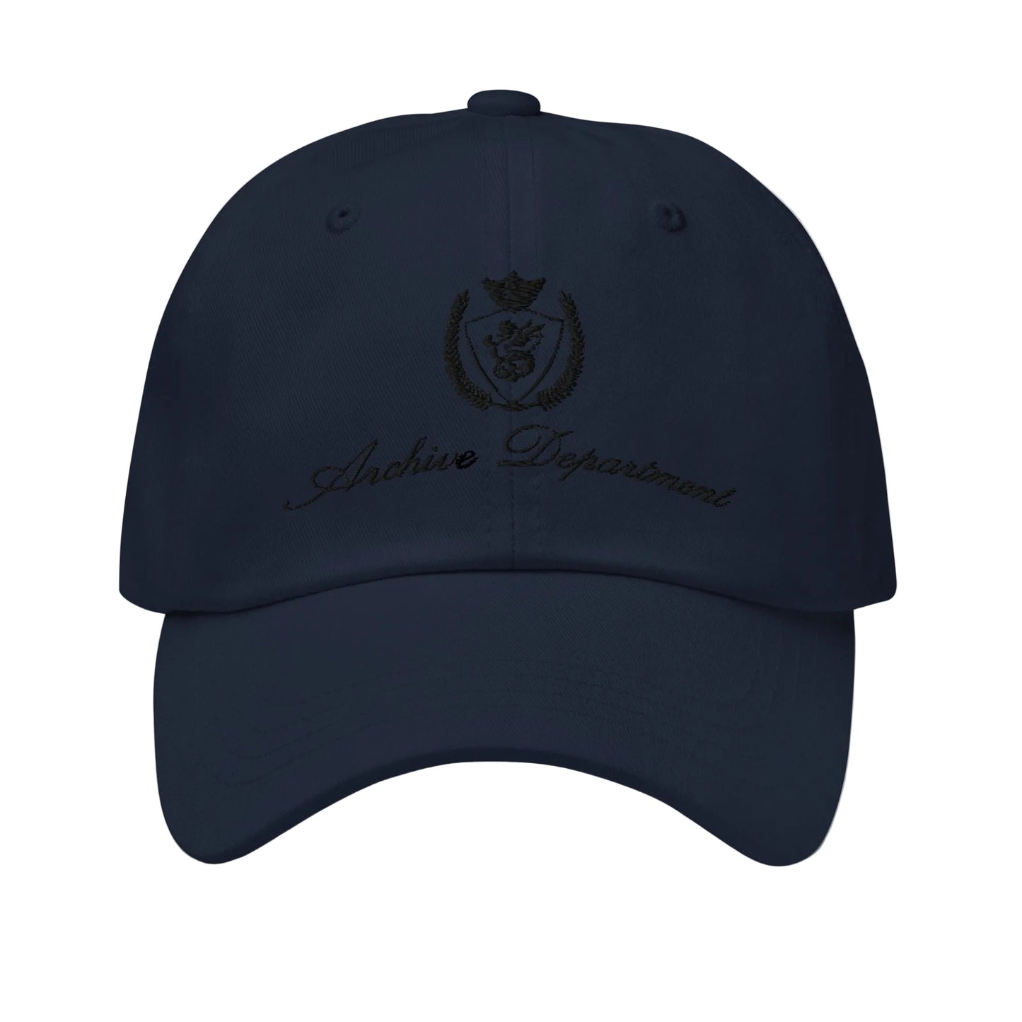 Navy cotton twill dad hat front view — Archive Club Cap by Archive Department