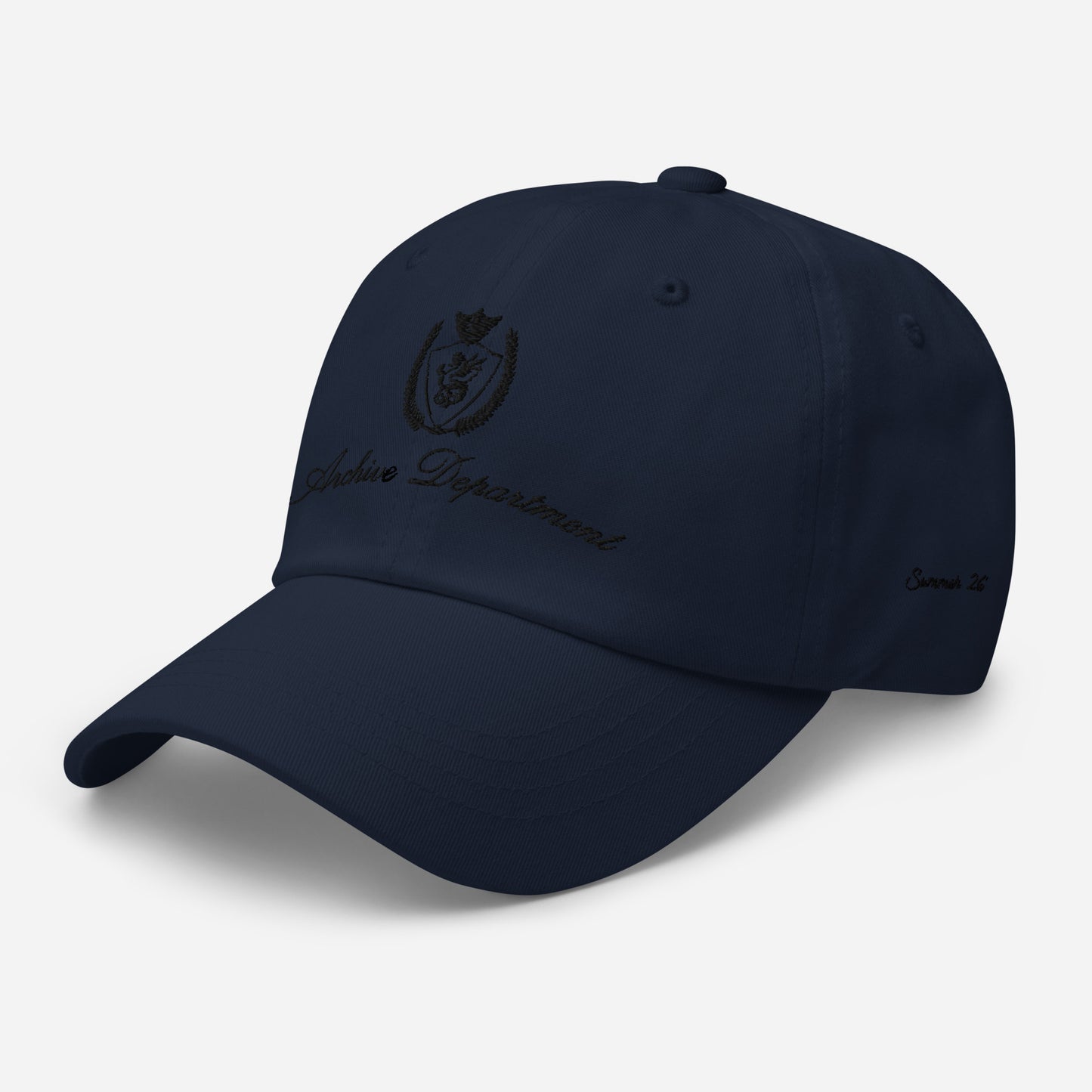 Navy dad hat left front angle — Archive Club Cap by Archive Department