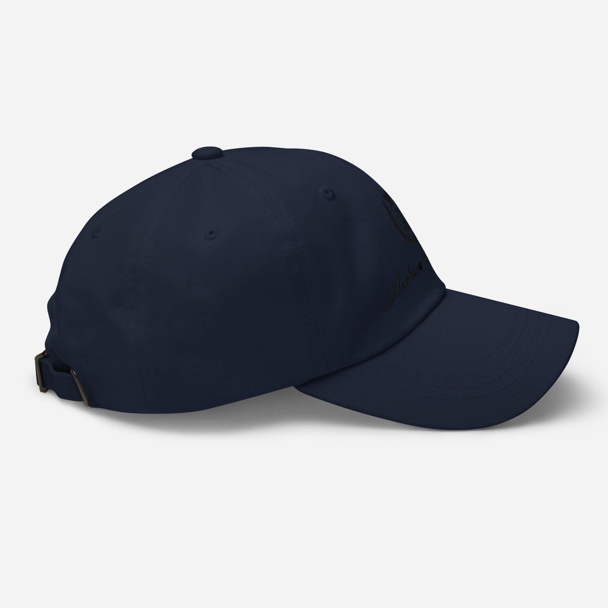 Navy cotton twill cap right side profile — Archive Club Cap