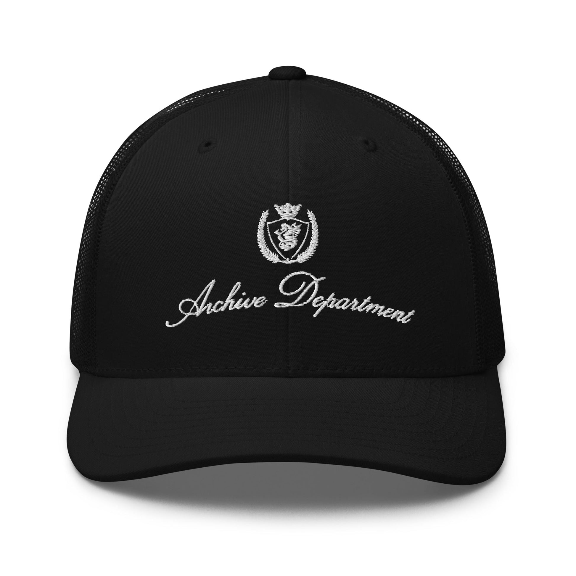 Archive Club Cap black cotton trucker hat with embroidered crest front view — Archive Department