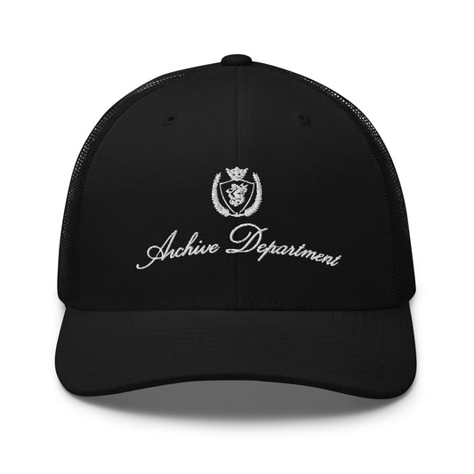 Archive Club Cap black cotton trucker hat with embroidered crest front view — Archive Department