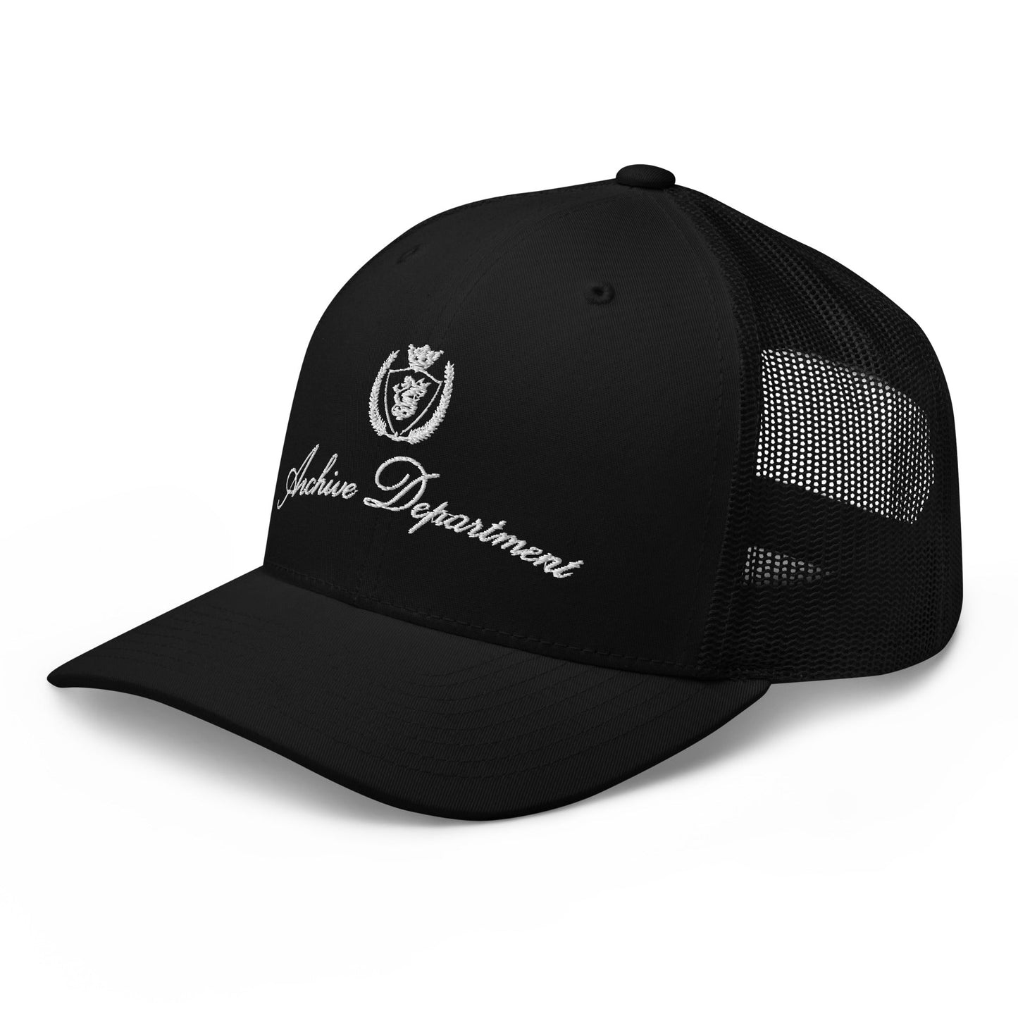 Archive Club Cap black trucker hat left front three quarter view — Archive Department
