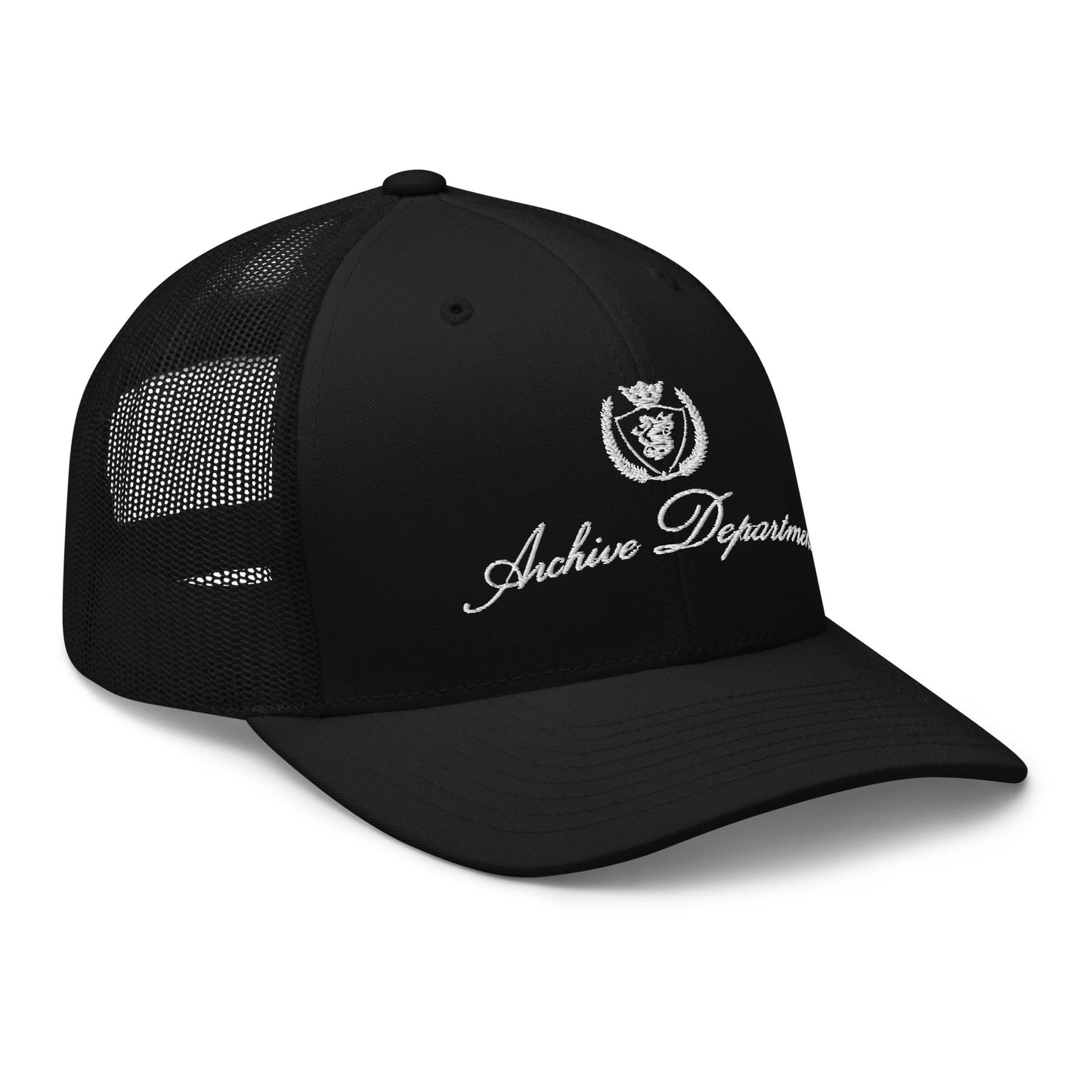 Archive Club Cap black trucker hat right front three quarter view — Archive Department