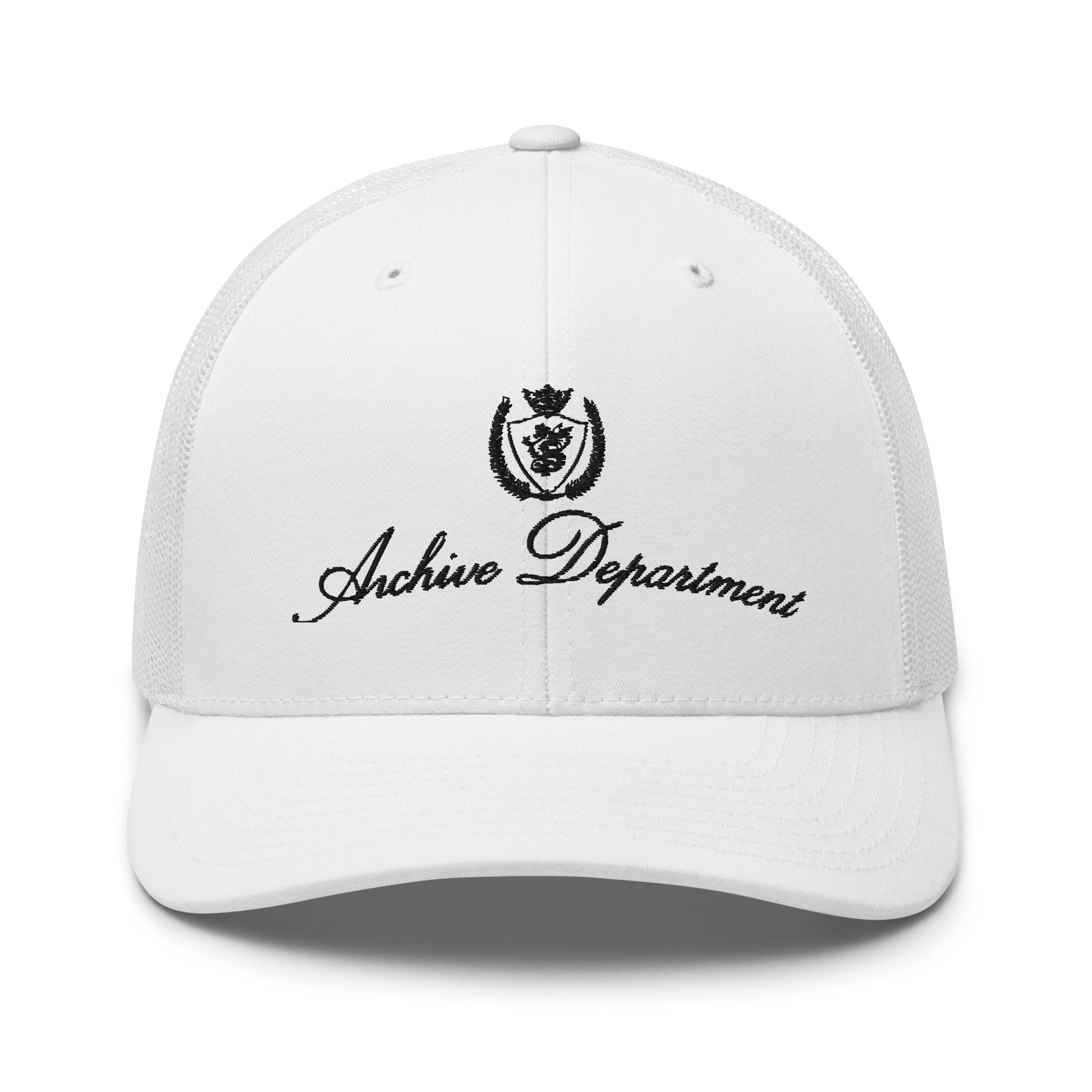 Archive Club Cap white cotton trucker hat with embroidered crest front view — Archive Department