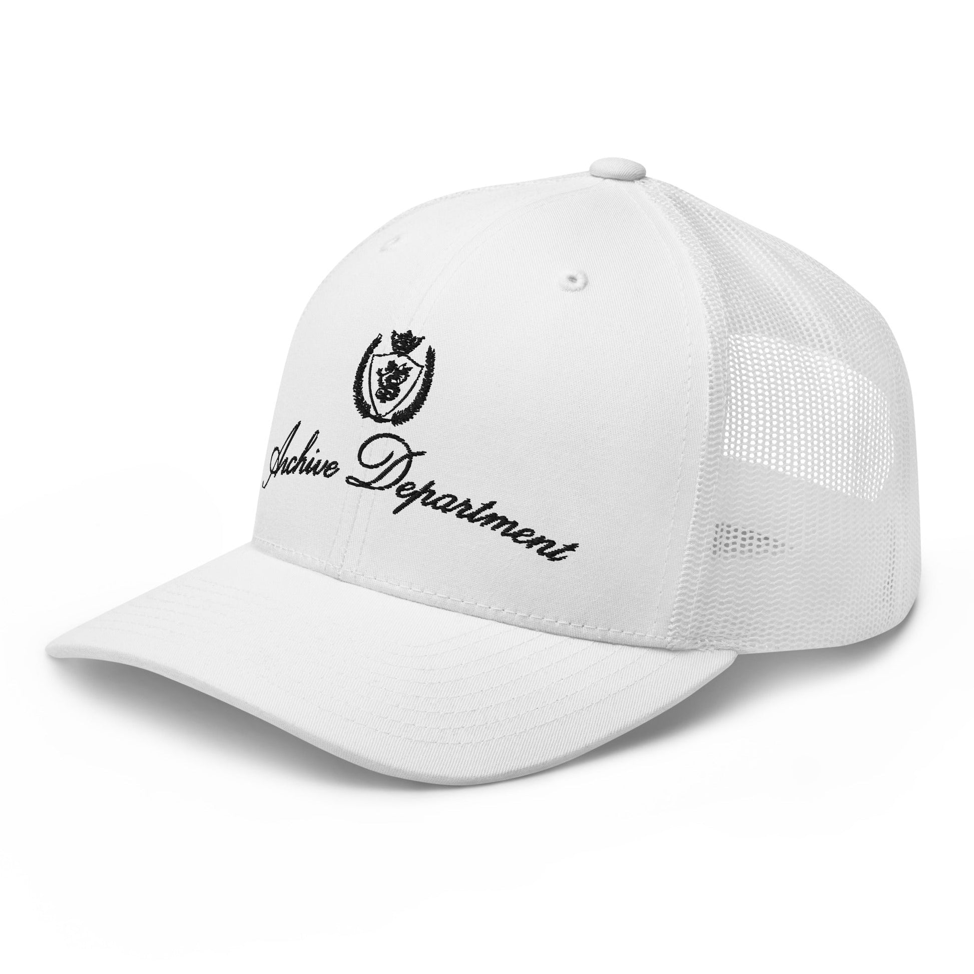 Archive Club Cap white trucker hat left front three quarter view — Archive Department