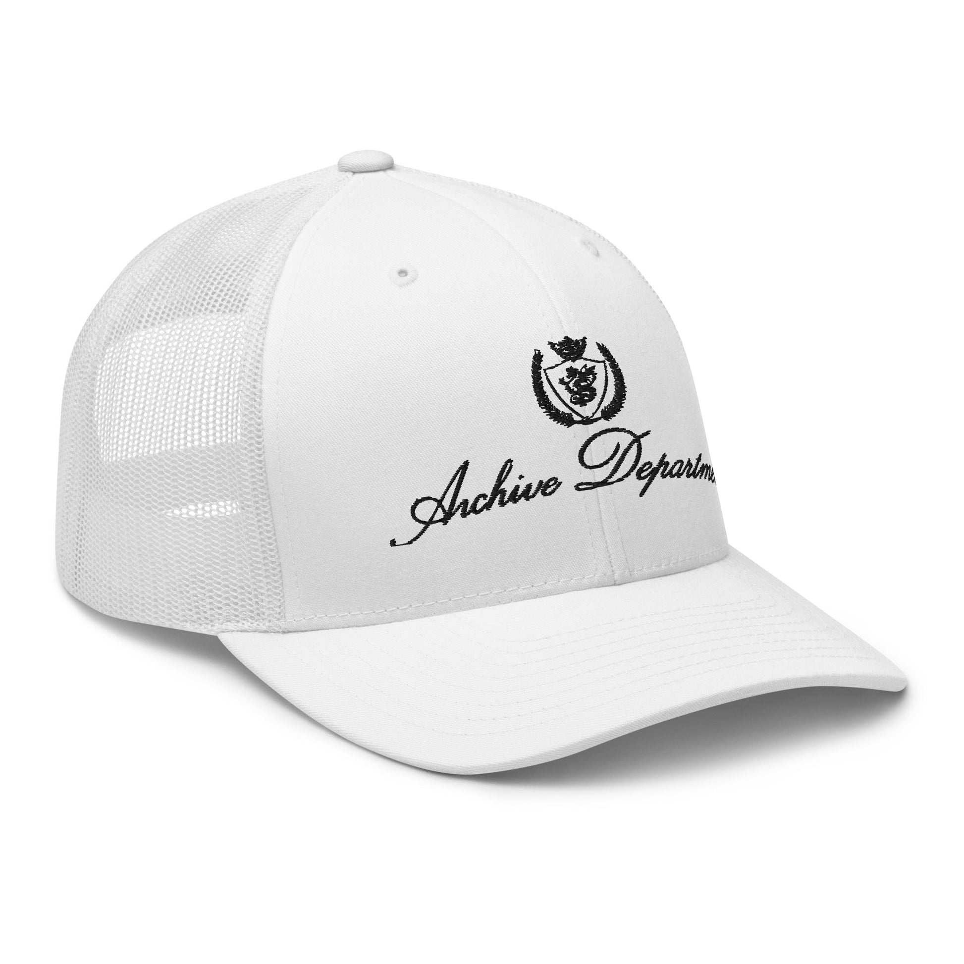Archive Club Cap white trucker hat right front three quarter view — Archive Department
