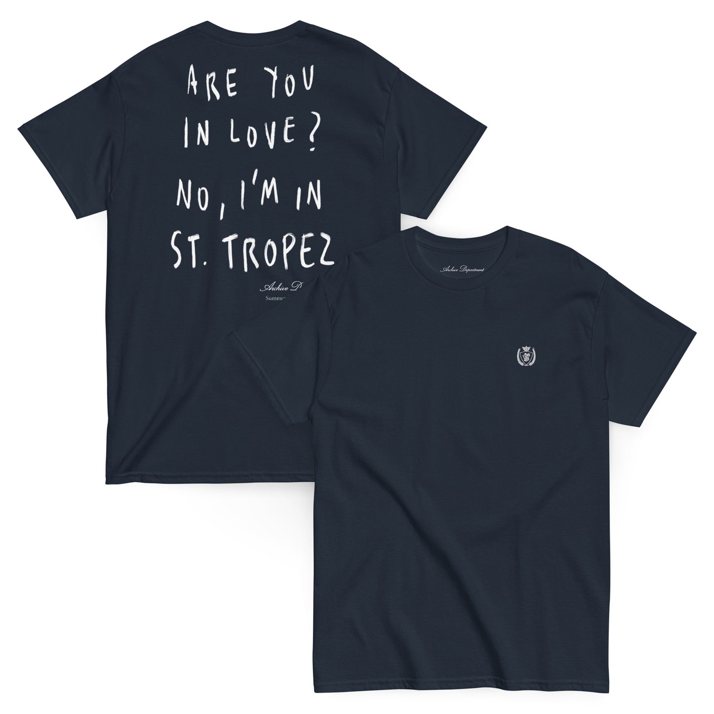 St. Tropez Are You In Love T-Shirt navy front and back — Summer Drop