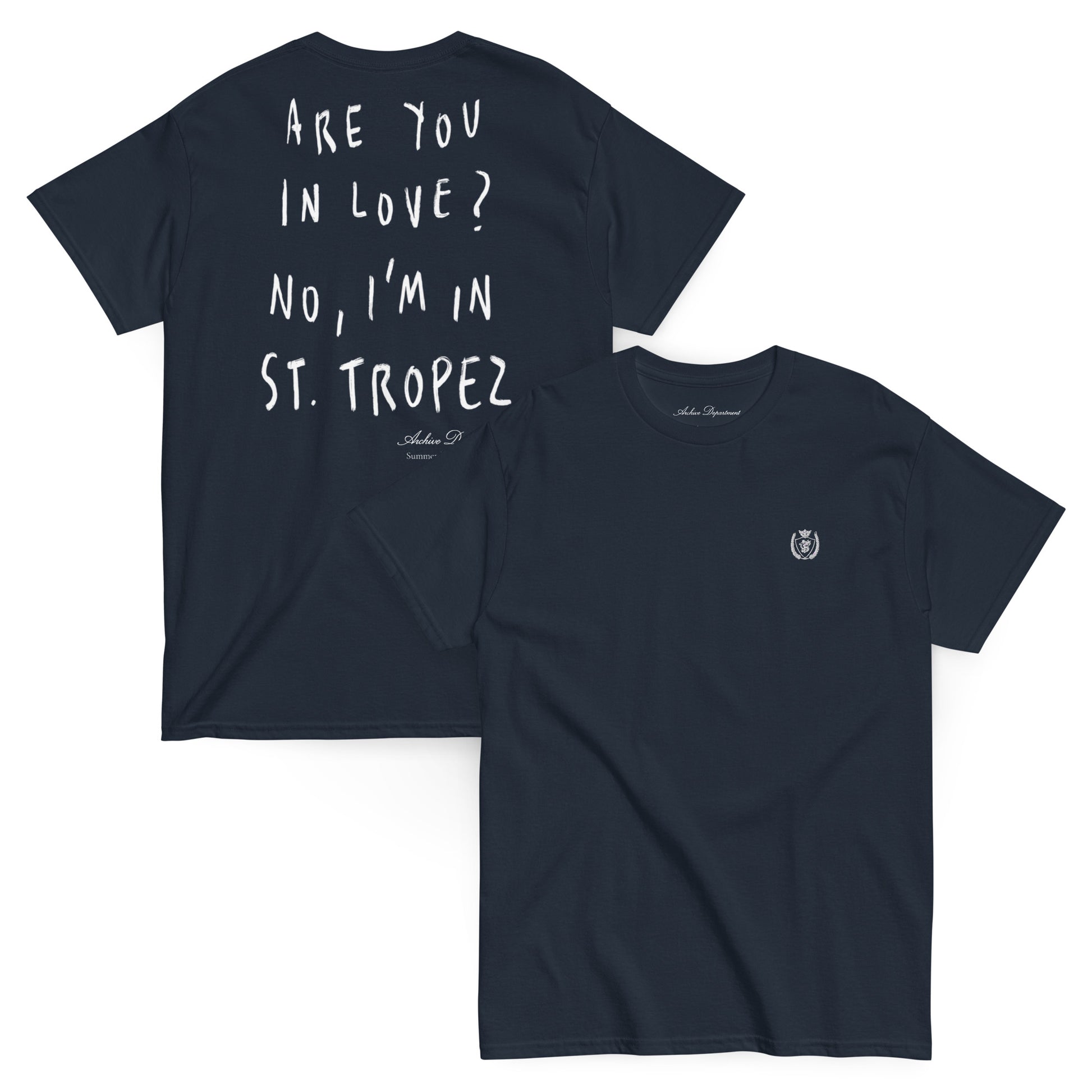 St. Tropez Are You In Love T-Shirt navy front and back — Summer Drop