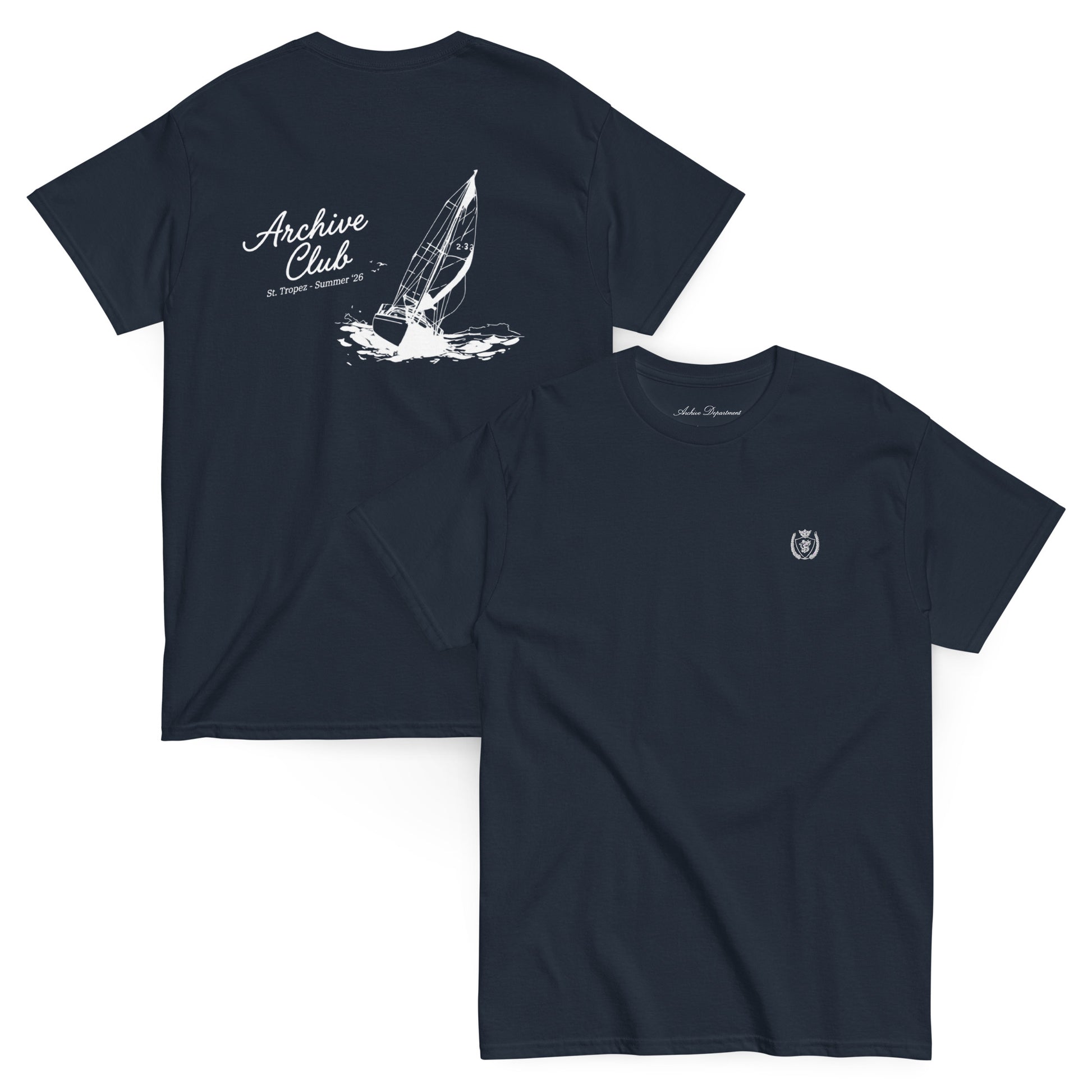 St. Tropez Boat T-Shirt navy front and back — Summer Drop