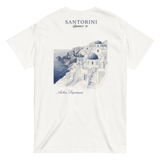 Santorini T-Shirt white back graphic Aegean codes — Summer Drop 2026