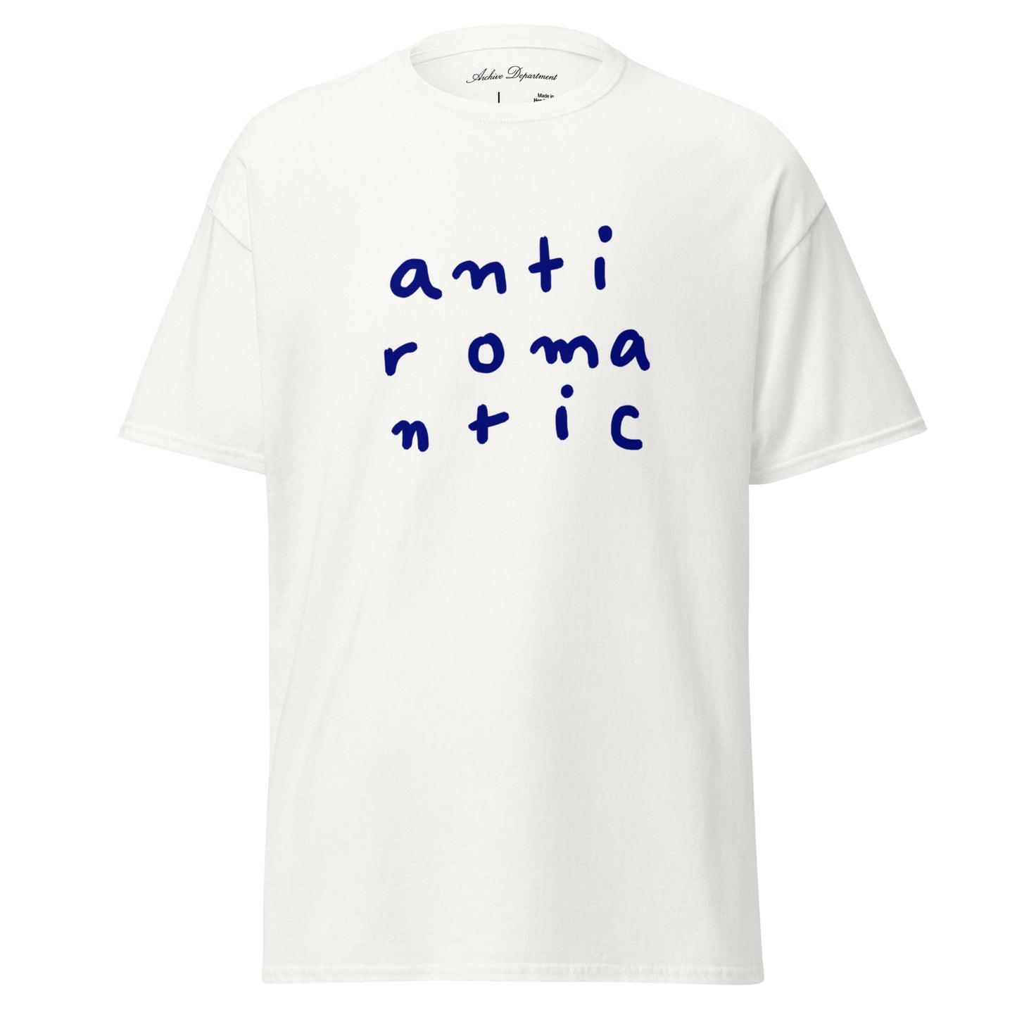 Anti Romantic T-Shirt white cotton tee front detail — Archive Department