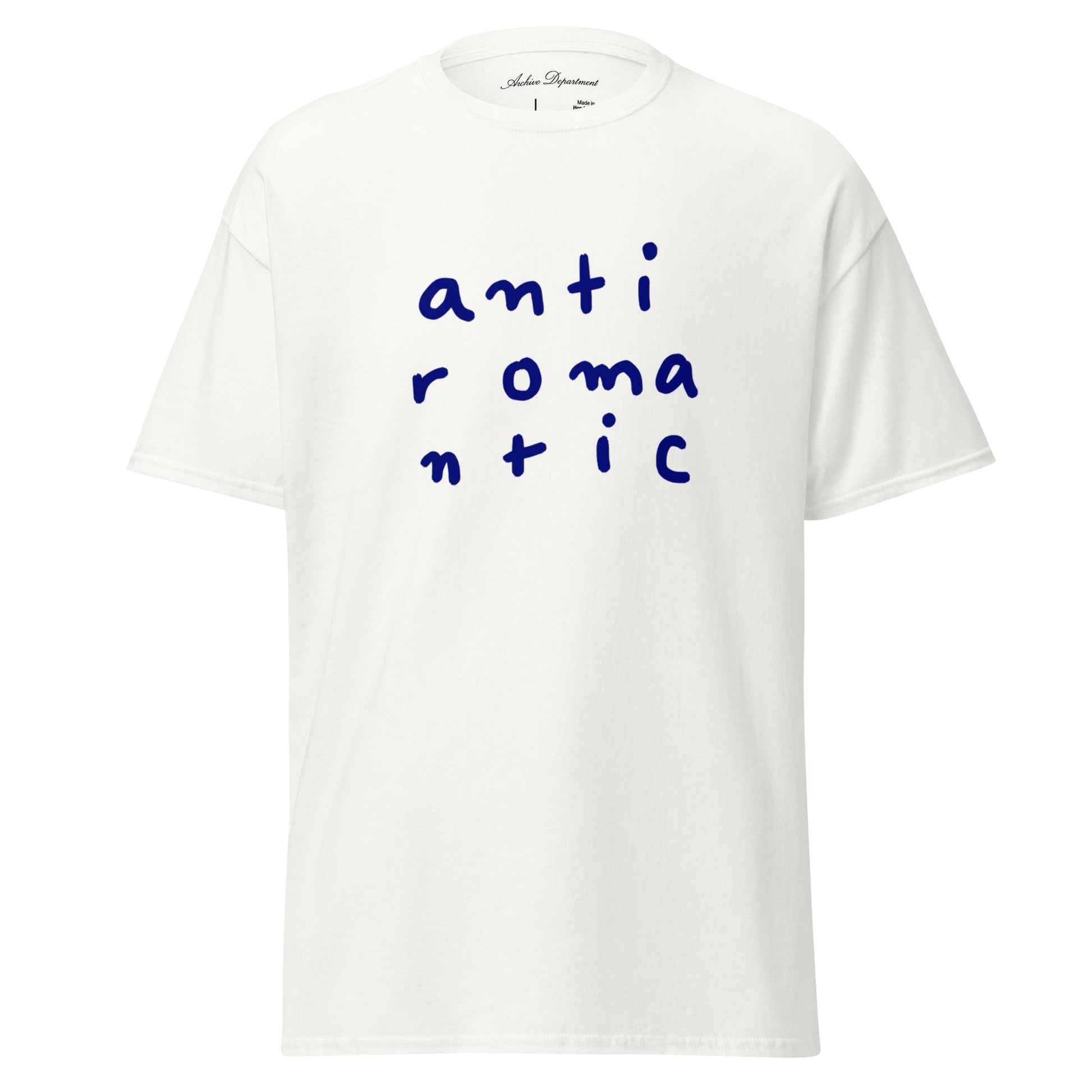 Anti Romantic T-Shirt white cotton tee front detail — Archive Department