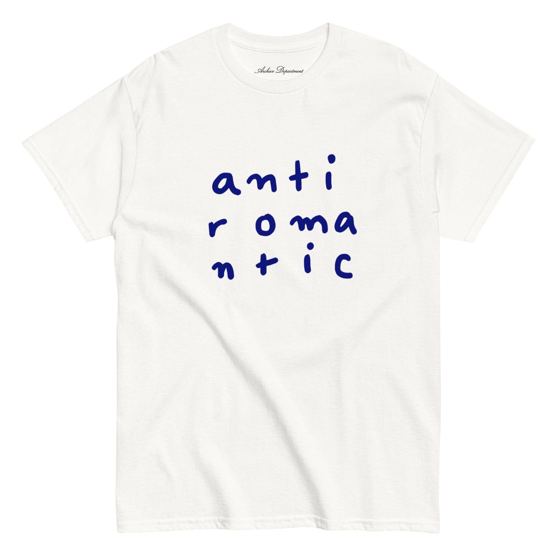 Anti Romantic T-Shirt white cotton unisex tee front view — Archive Department Summer Drop 2026