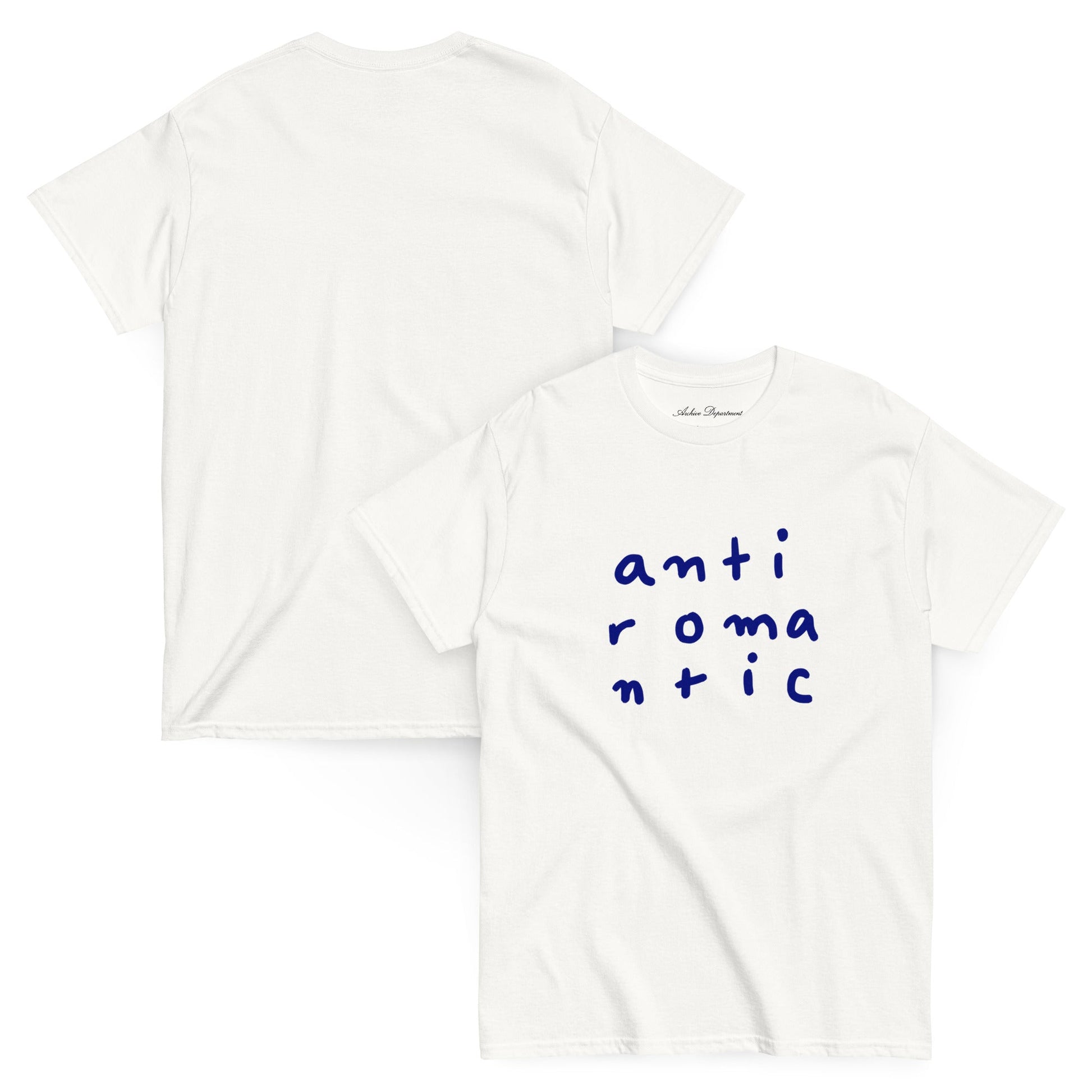 Anti Romantic T-Shirt white cotton tee front and back combined — Archive Department
